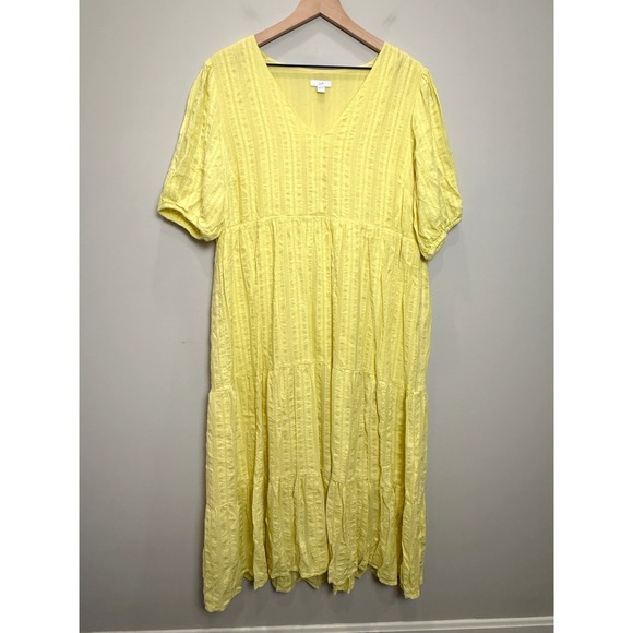 J. Jill Dresses & Skirts - J. Jill Cotton Blend Textured Stripe Tiered Ruffle Midi Dress Modest Yellow L
